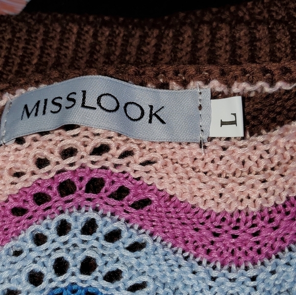 MISS LOOK Brown Sweater with Deep V Neck - Colorful Large NWOT - Picture 4 of 4